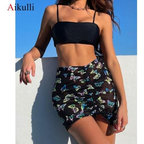 2021 Bikinis Swimsuit Women Three-pieces Bikini set With Buttfly Print Skirt Swimwear Summer New Beachwear Bathing Suit Swimming