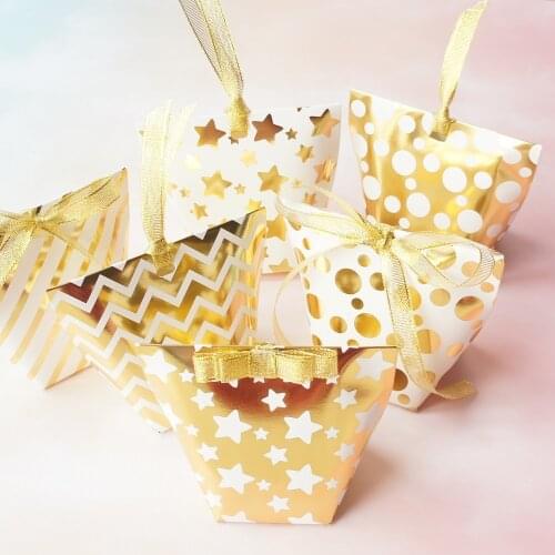 6 style 12 pcs gold star dot Striped Paper Box and ribbon Candy Storage Boxes small Gift Pack wedding birthday party multi-use