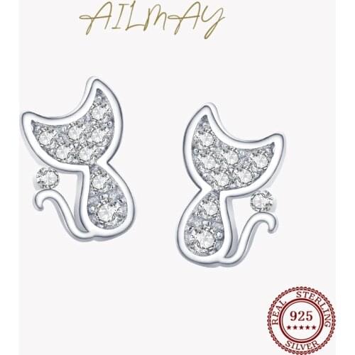 Ailmay Sweet Cute Cat Silver Stud Earrings 100% 925 Sterling Silver Sparkling CZ For Women Anti-allergy Fine Jewelry Gifts