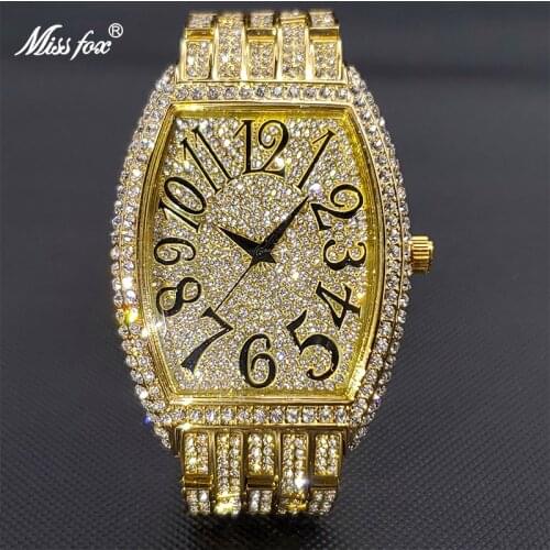 MISSFOX Luxury Gold Big Watch For Men Ice Out Tonneau Dial Full Diamond Quartz Watches Stylish Accessories for Man Wholesale
