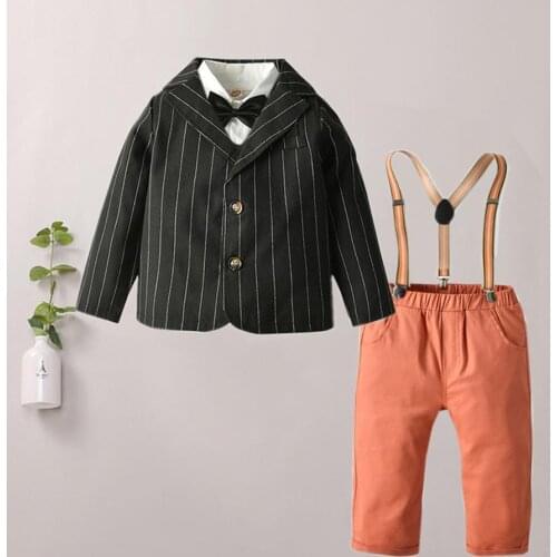 Autumn Winter Boys Formal Wear 5 Piece Sets Striped Blazer+Shirts+Bow Tie+Removable Strap+Pants Party Wedding Boys Outfit 24M-6T