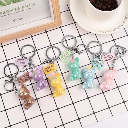 Korean Style Cartoon Acrylic Laser Sunglasses Bear Doll Key Chain Women Charm Bag Pendant Keyring Car Keychain Gift for Girl
