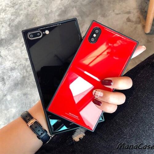 Lxuruy Fashion Square Solid Color Black Border Glass Phone Case For iPhone X XS MAX XR 7 8 Plus For Back Cover Cases
