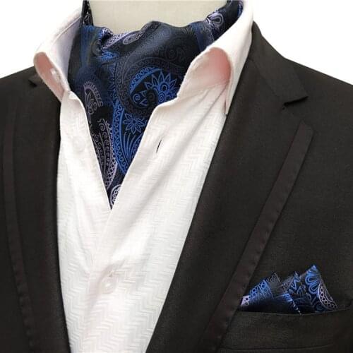 Classic Blue Paisley Pattern Men Ascot Set Formal Scarf Neck Tie with Pocket Square for Man