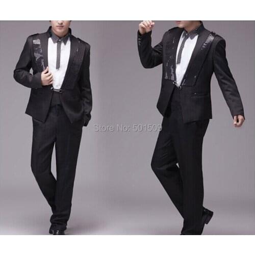 Free shipping mens black/white sequins tuxedo jacket and pants suits set costume stage performance/event suit