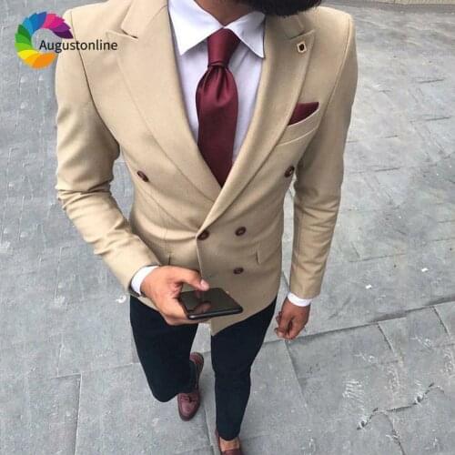Khaki Men Wedding Suits Elegant Slim Fit Groom Tuxedo Costme Homme Blazer Jacket Pants Peaked Lapel Double Breasted 2Piece
