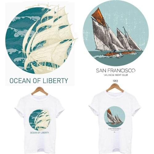 Sea Waves And Boat Iron On Transfers For Clothing Stickers Patches Creativity Art Patch Thermo Sticker On Clothes Applique Badge