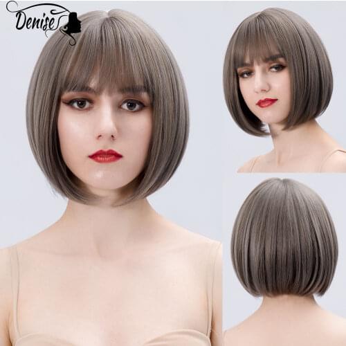 Gray Short Straight Natural Colored Daily Hair Synthetic Wigs For White Women With Bangs Cosplay Heat Resistant Fiber Bob Wig