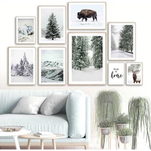 Winter Landscape Deer Cow Pine Tree Snow Wall Art Canvas Painting Nordic Posters And Prints Wall Pictures For Living Room Decor