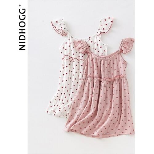 2021 New 100% Cotton Crepe Nightgowns for Women Sleeveless Spaghetti Strap Sexy Night Dress Love Print Soft Summer Home Clothes