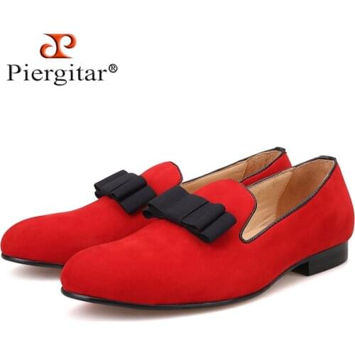PIERGITAR New Men Velvet Shoes with bowknot RED OR BLACK COLOR mens flats men loafers for free shipping