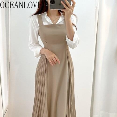 OCEANLOVE Solid Vestidos Korean Chic Autumn Office Lady Elegant Pleated Robe Femme Vintage High Waist Ins Fashion Women Dresses