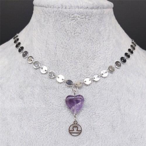 Libra Purple Natural Crystal Stainless Steel Neckless Women Silver Color Constellation Necklace Chain Jewelry sieraden N2035S04