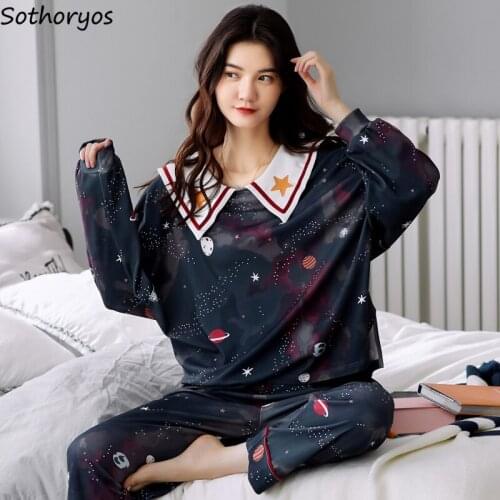 Pajama Sets Women Lovely Turn-down Collar Cartoon Printed Leisure Home Clothes Long Sleeve Womens Sleepwear Autumn Cozy Ulzzang
