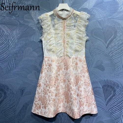 Seifrmann New 2021 Summer Fashion Runway Party Mini Dress Sleeveless Gorgeous Lace Ruffles Patchwork Elegant Dresses Vestidos