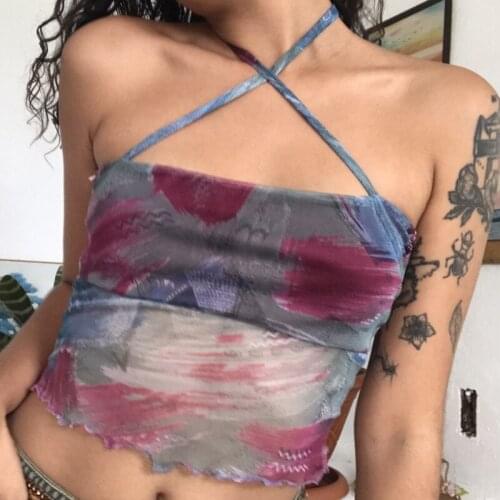 Mesh Cross Halter Y2k Top 2021 Summer Sexy Backless Print Ruched Tank Top Women Fashion Vintage Off Shoulder Sleeveless Crop Top