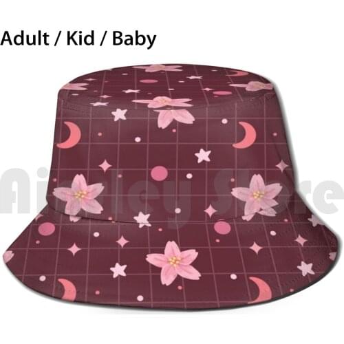 Retro Cherry Blossom Pattern Sun Hat Foldable UV Protection Cherry Blossom Cherry Blossom Pink Geometric Grid Stars