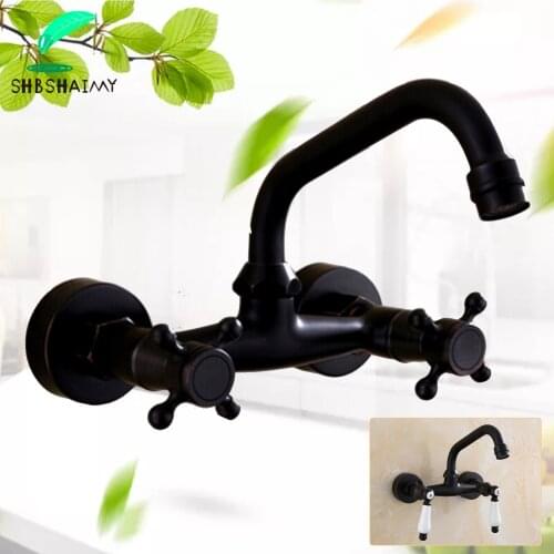 SHBSHAIMY ORB Black Basin Faucet 360 Swivel Spout Wall Mounted Faucet Dual Handles Dual Holes Hot and Cold Water Mixer Tap