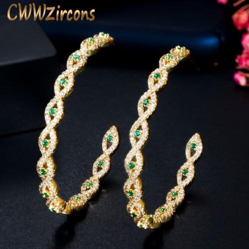 CWWZircons Shiny Round Green Cubic Zircon Stone Yellow Gold Color Big Hoop Earring for Women Luxury Designer Party Jewelry CZ744