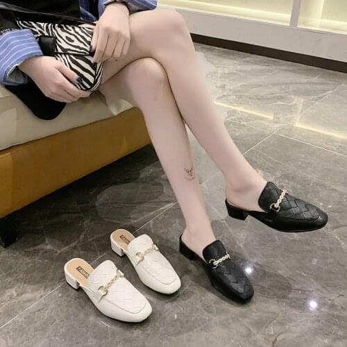 WOHDHE Slip On Slippers Women Mules Shoes Woman Gold Metal Chain Brand Design Square High Heels Casual Slides Mules
