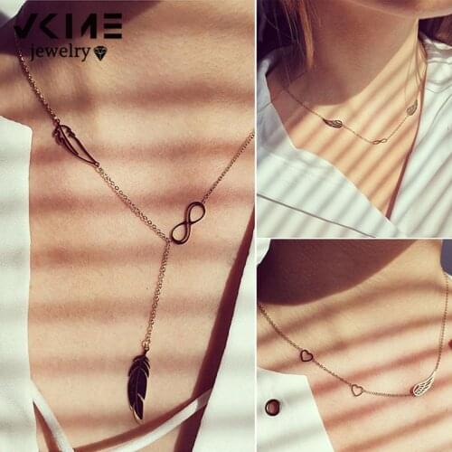 VKME Classic Wings Heart Stitching Chain Necklace For Women Girl Long Feather Pendant Necklaces Fashion Jewelry