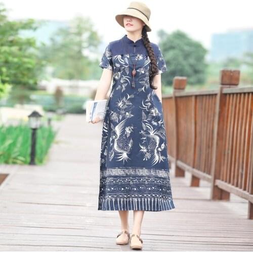 Women Vintage Flora Print Dress Autumn Stand Collar Short Sleeve Sundress Chinese Cheongsam Robe Femme Linen Vestido Tunic 10455