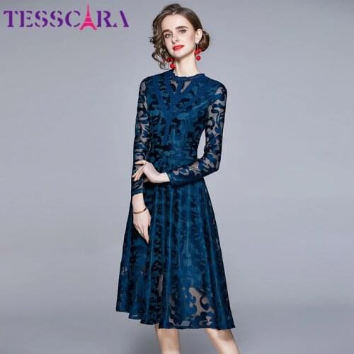 TESSCARA Women Spring Elegant Embroidery Dress Festa High Quality Black Lace Party Robe Femme Vintage Designer A-Line Vestidos
