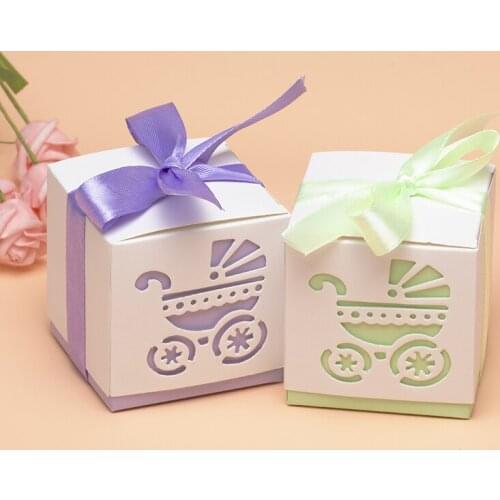 10pcs Paper Gift Box Wedding Party Supplies Baby Cart Shape Candy Box Birthday Party Baby Shower Decoration Boxes Ribbon