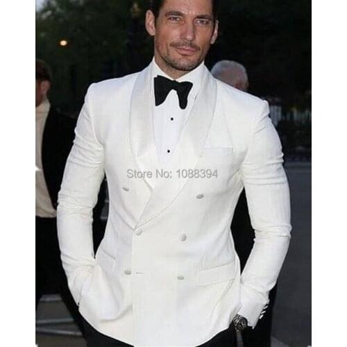 2018 New Arrival Best Man Suit White Double Breasted Groom Tuxedos Slim fit Groomsmen Suits Wedding Party Suits Jacket +Pant+Bow