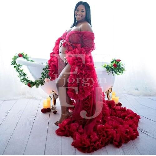 2021 Elegant Ruffles Tulle Maternity Gown for Photoshoot or Babyshower Red Premium Pleated Fabric Non-maternity Events Dresses