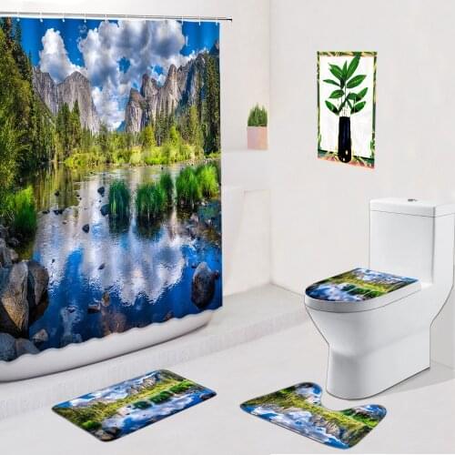 Landscape Oil Painting Shower Curtain 4Pcs Set Mountain Water Stone Forest Scenery Anti-Slip Carpet Bath Mat Toilet Bathroom Rug