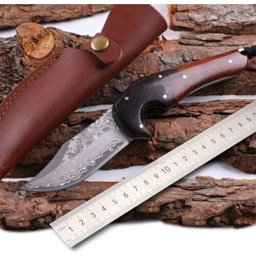 Free shipping New style Damascus steel fixed blade sharp edges camping hunting tactical survival knife with wooden handle