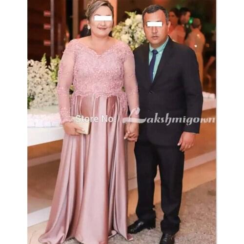 Elegant Long Sleeves Plus Size Mother of the Bride Groom Dresses 2020 Satin Pink Formal Evening Gown