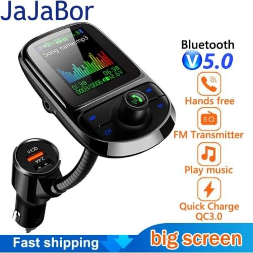 JaJaBor Bluetooth 5.0 Car Kit Handsfree FM Transmitter AUX Audio Receiver Car MP3 Player QC3.0 Quick Charge 1.8 inch Display