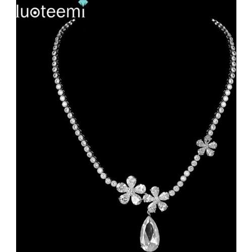 LUOTEEMI Cubic Zircon White Gold-Color Waterdrop Pendent Necklace & Earrings Sets Wedding Fine Jewelry For Women Wholesale