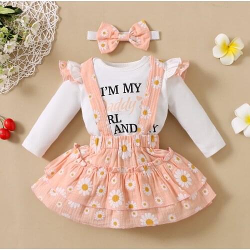 3Pcs Newborn Dress Baby Girl Dress Romper + Daisy Floral Print Suspender Skirt Fashion Long Sleeve Spring AutumnToddler Dress