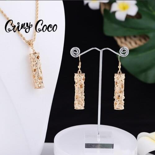 Cring Coco Fashion Samoan Jewelry Sets Wholesale Polynesian Hollow out Solid Cylinder Pendant Earrings Necklace Set for Women
