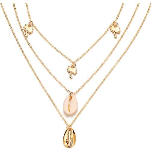 Gold Silver Color Multi Layered Shell Choker Necklace Statement Charm Coconut Tree Pendant Necklaces Link Chain Women Jewelry