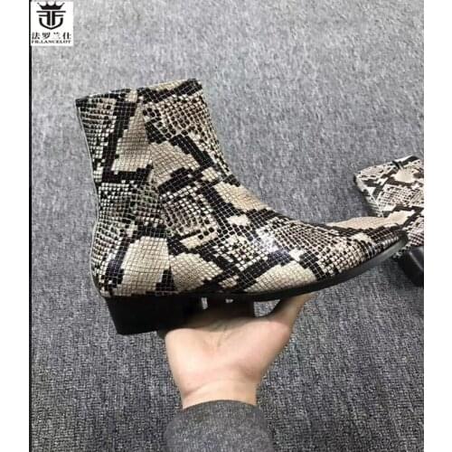 FR.LANCELOT 2020 cool snakeskin print leather boots fashion real Leather ankle shoes high top zip up motorcycles men booties