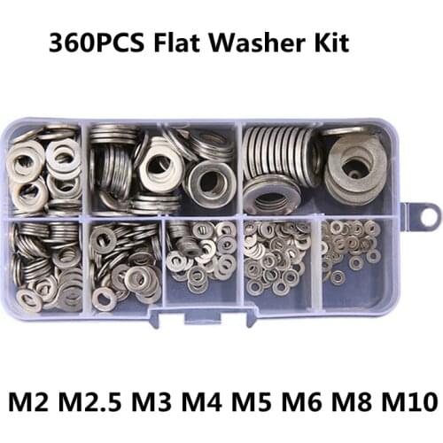 360pcs Stainless Steel Flat Washer Kit Plain Gasket for M2 M4 M6 M8 M10 Screw Bolt Fastener Hardware Accessories Seal Ring Set