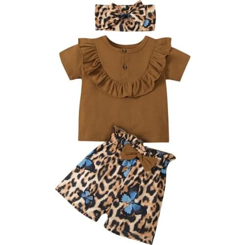 Casual Toddler Baby Girls Solid Ruffle Short Sleeve Tops Sunflower Leopard Print Shorts 2021 Summer Clothes Set 0-2Y