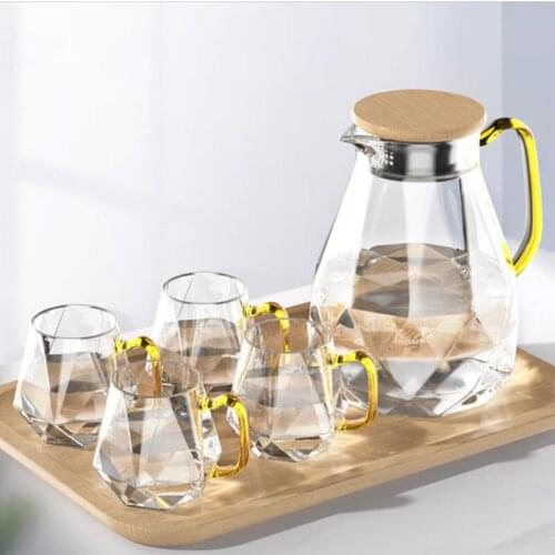 Glass Water Ware Diamond Transparent Gold Handle 1.8L Cold Kettle Cup Coffee Tea Set Gas Bar Decoration Home Kitchen Supplies