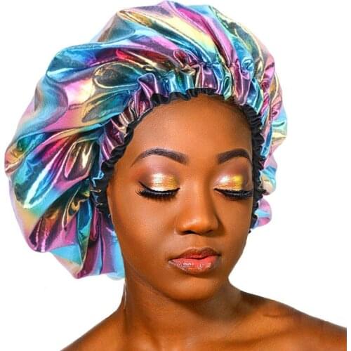 Lady Silky Bonnet for Women Day Night Sleep Cap Oversize Double Laser Reversible Hat with Satin Liner Solid Color Head Wear