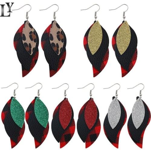 European and American earrings creative three-layer lattice leopard sequined leaf drop-shaped multilayer PU leather earrings
