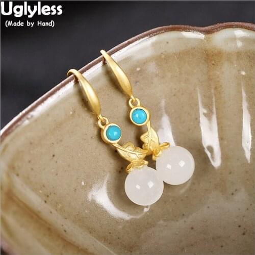 Uglyless Natural Jade Balls Dangle Earrings for Women Gold Color Leaf Earrings Real 925 Sterling Silver Fine Jewelry Turquoise