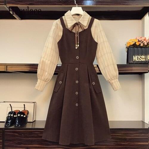 Plus Size Autumn Elegant 2 Piece Set Dress Women Plaid Bow Loose Shirt + Corduroy Button Suspender Ball Gown Dresses Suits 4XL