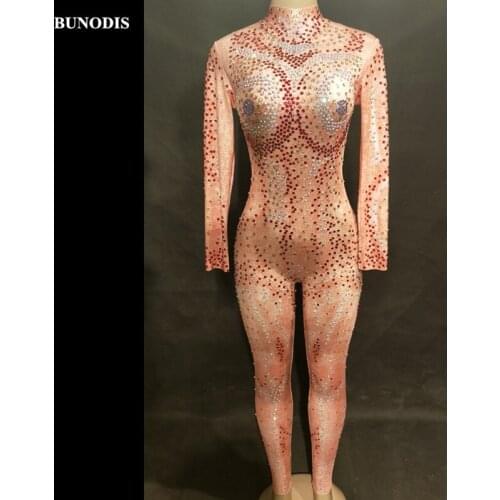 ZD424 Red Diamond Women Jumpsuit Full Of Colorful Sparkling Crystals Nightclub Party Stage Wear Dancer Singer Costumes