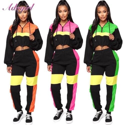 Women Soprt Tracksuit Antumn Casual Long Sleeve Crop Hooded Tops Sweatshirt + Loose Pants Two Piece Set Female Outfit Fitness