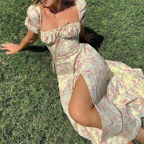 Summer Sweet Floral Print Split Dress Women Puff Short Sleeve Square Collar Slim Fit Maxi Dress Holiday Casual Sexy A-Line Dress