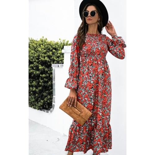 Maxi Ladies Dress Casual Dress High Waist Elastic Bust Ruffle Long Autumn Dress Floral Print Neckline Long Sleeve Trumpet Robe